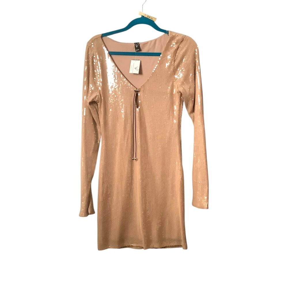 Windsor Sequin Nude Long-Sleeve Mini Dress V-Neck Tie Detail Women Large NEW NWT